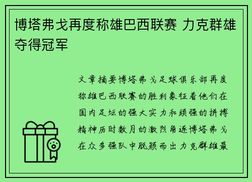 博塔弗戈再度称雄巴西联赛 力克群雄夺得冠军
