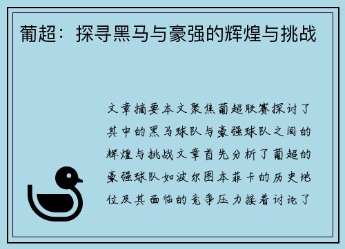 葡超：探寻黑马与豪强的辉煌与挑战